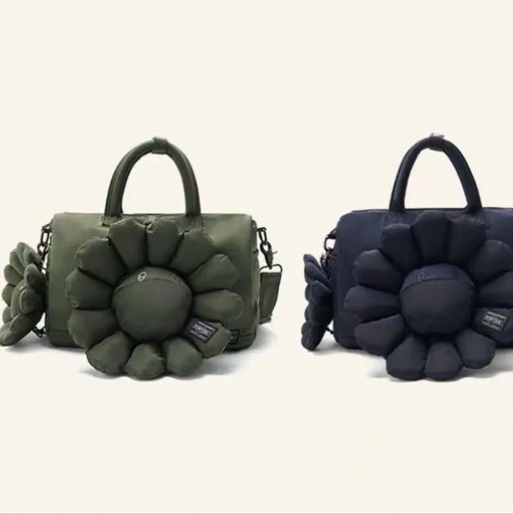 Quilted Daisy Accent Satchel Handbag - Olive and Navy - Picture 3 of 5